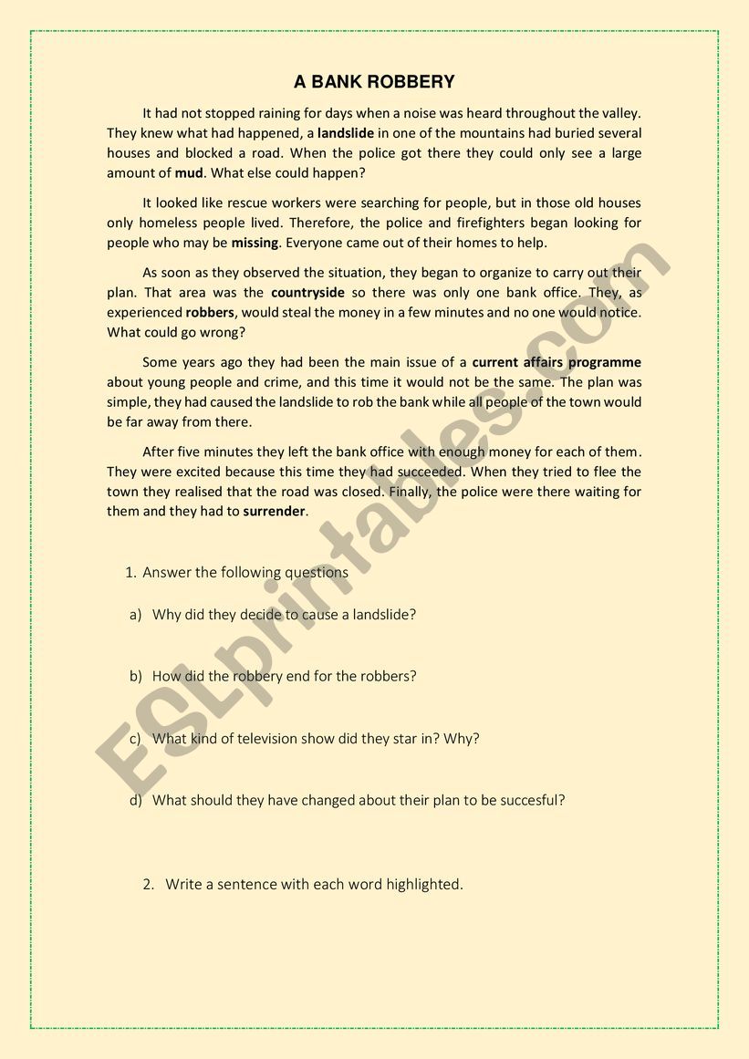 A BANK ROBBERY worksheet
