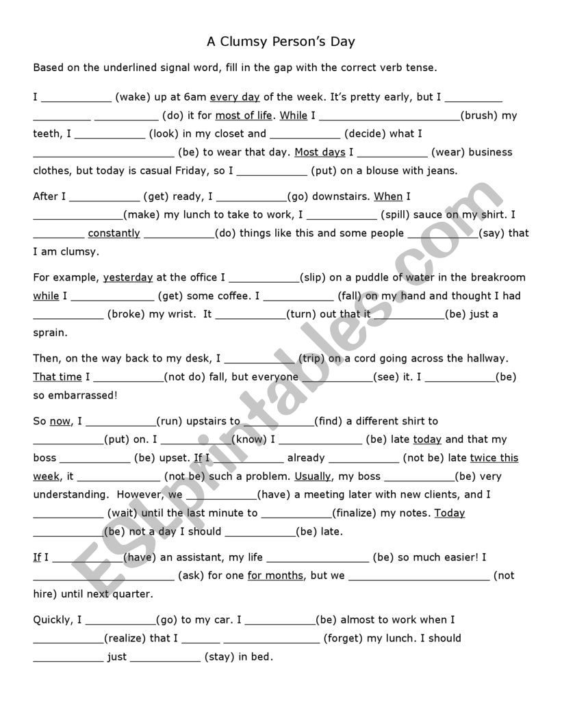 All verb tenses with signal words gap fill