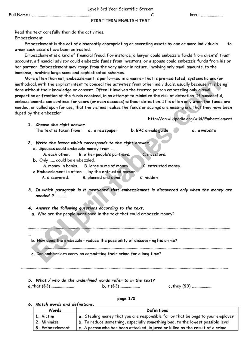 Englsih Test worksheet