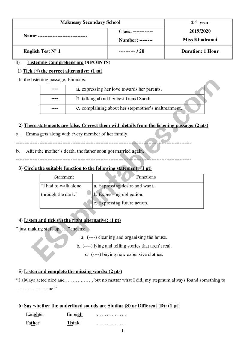 2nd year - mid-term test 1 worksheet