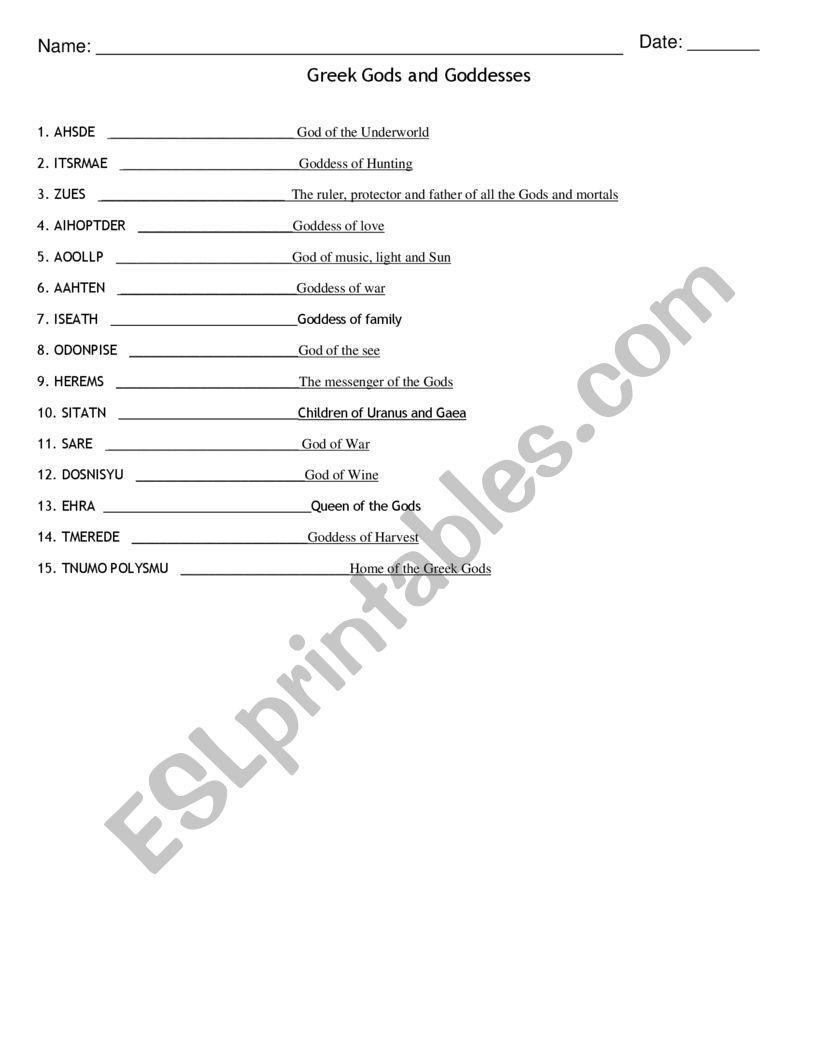 Greek Gods and Goddesses worksheet