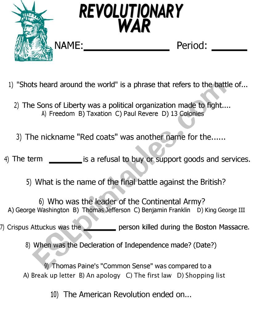 American Revolution Review Worksheet