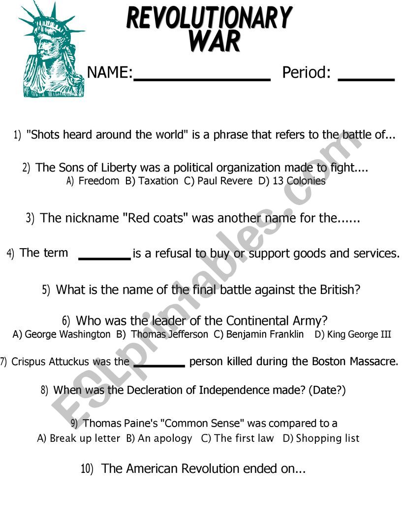 worksheets american revolution