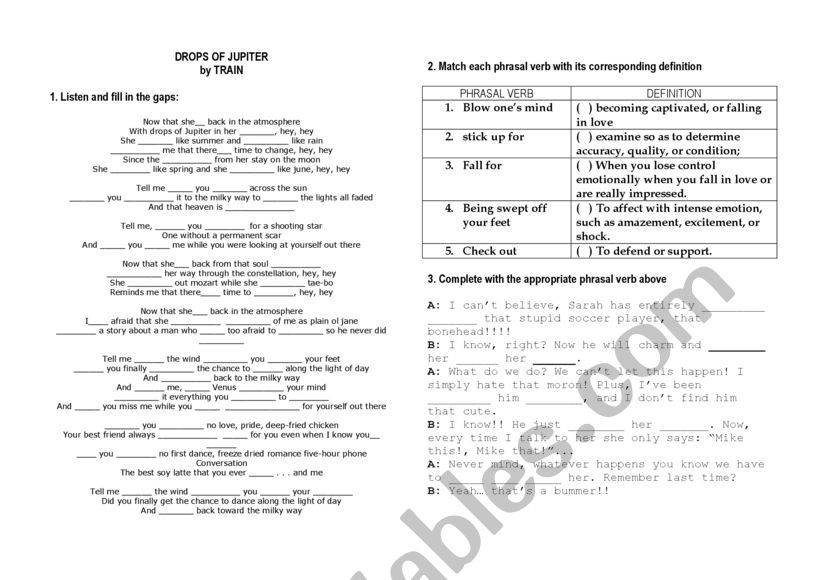 Drops of Jupiter - SOng worksheet