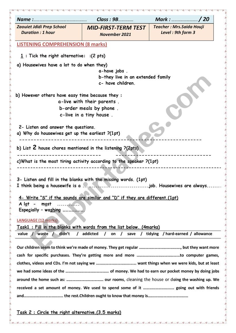 mid term test 1 9th worksheet