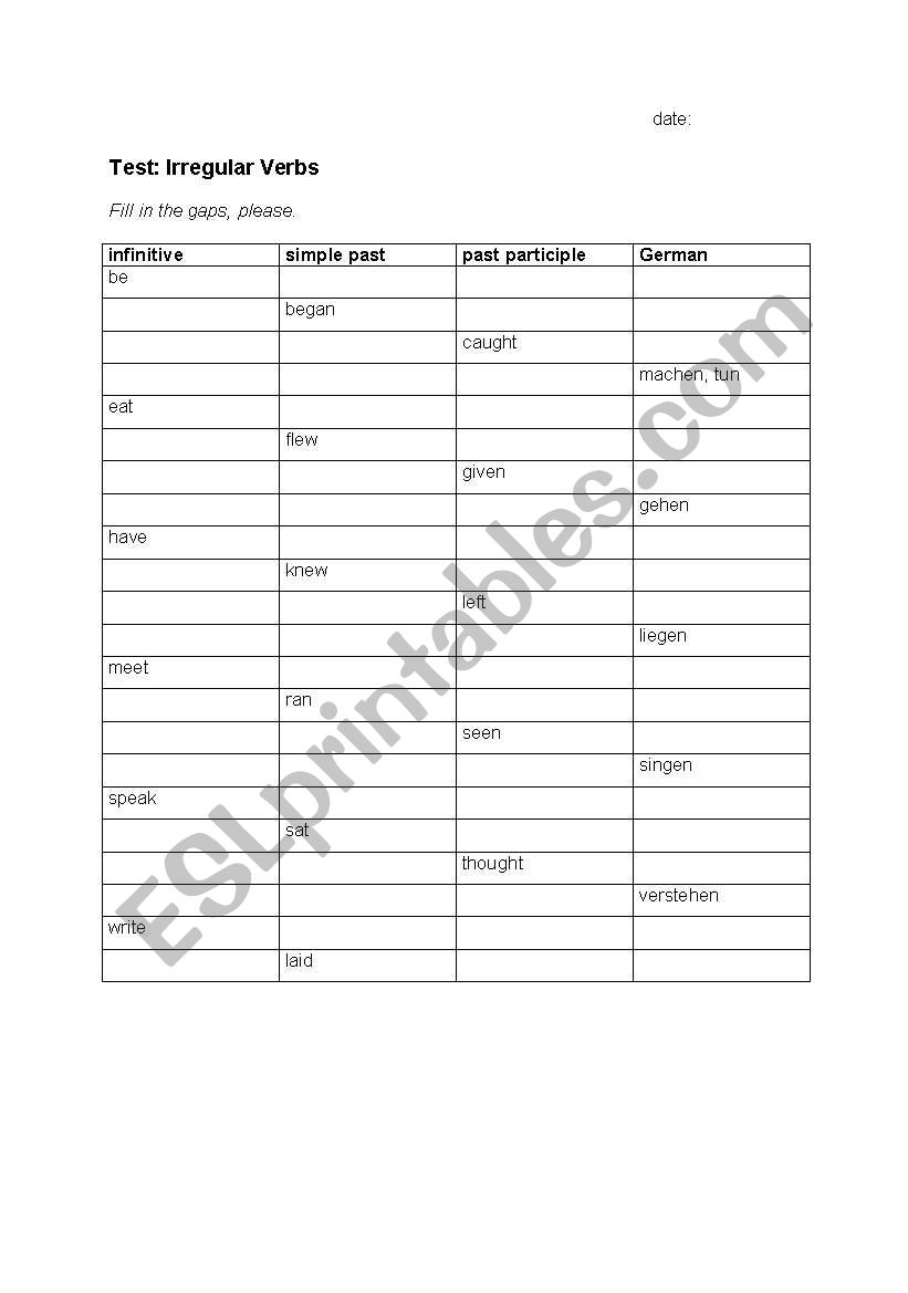 test irregular verbs worksheet