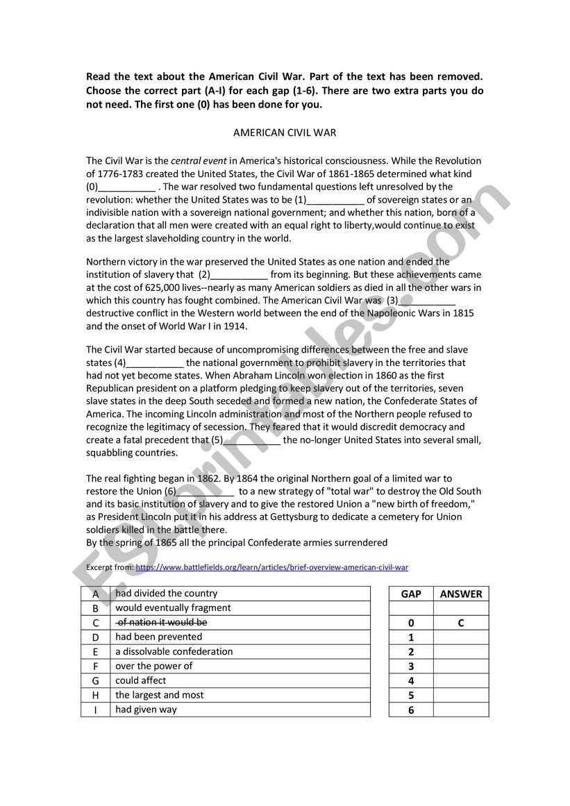 American Civil War  Gap-Fill worksheet