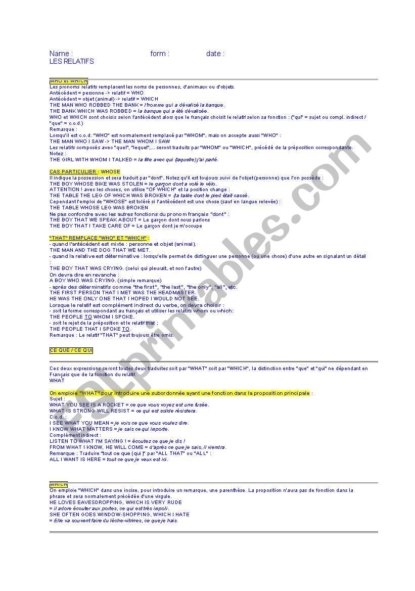 relatives grammar lesson worksheet