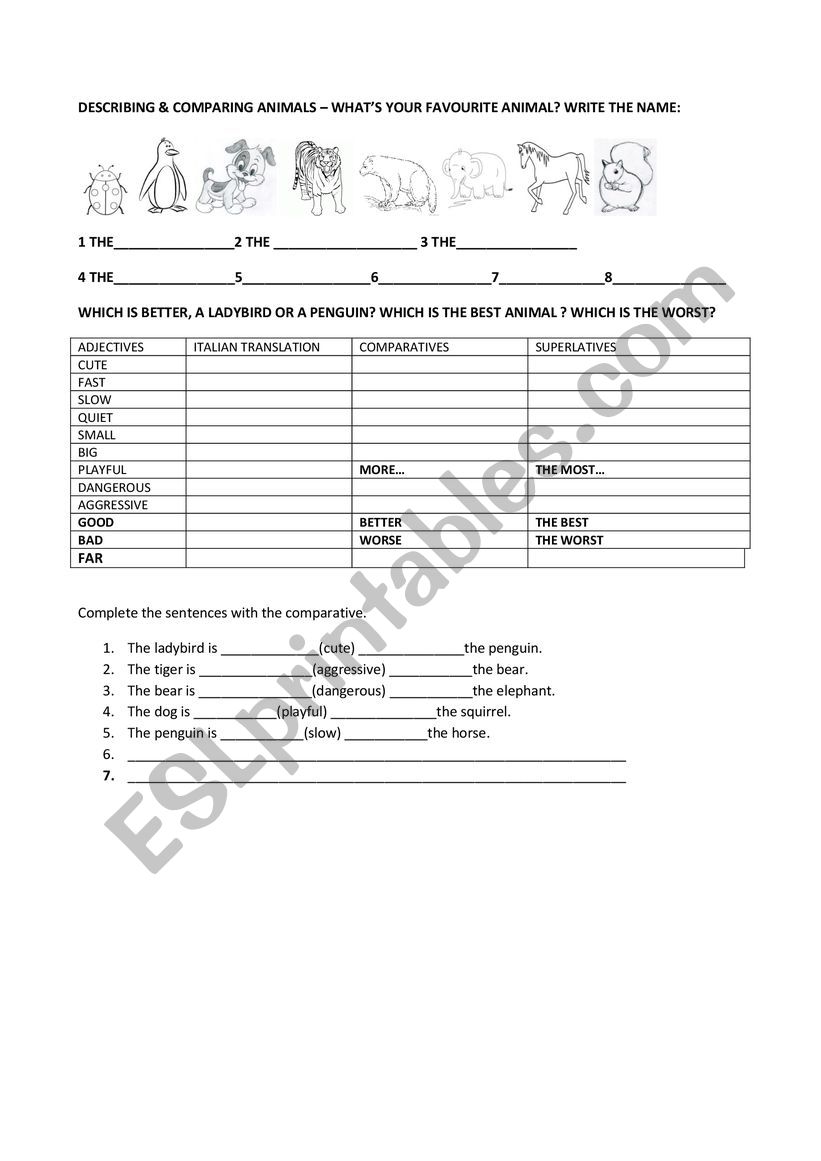 COMPARING ANIMALS worksheet