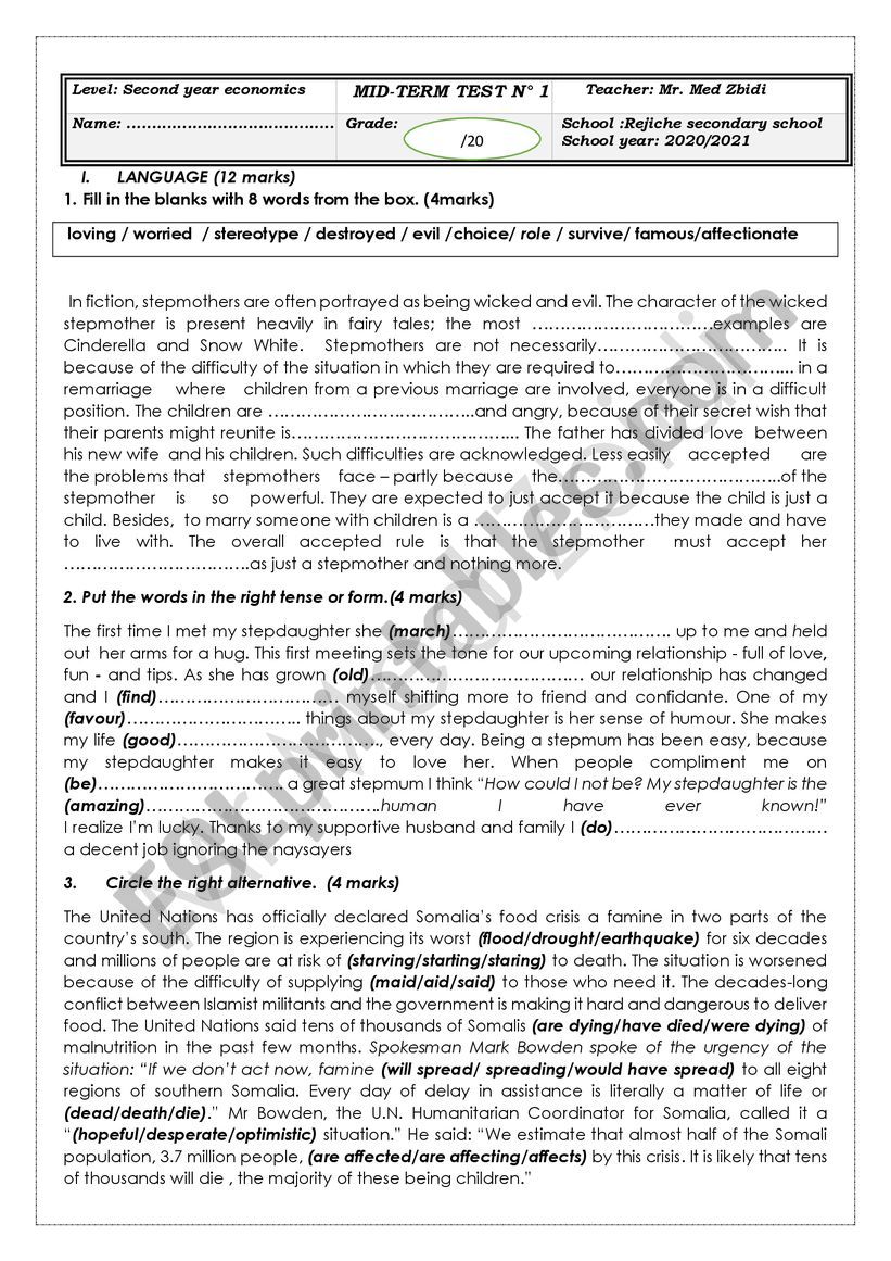 Mid-Term Test N1 2 nd form  worksheet