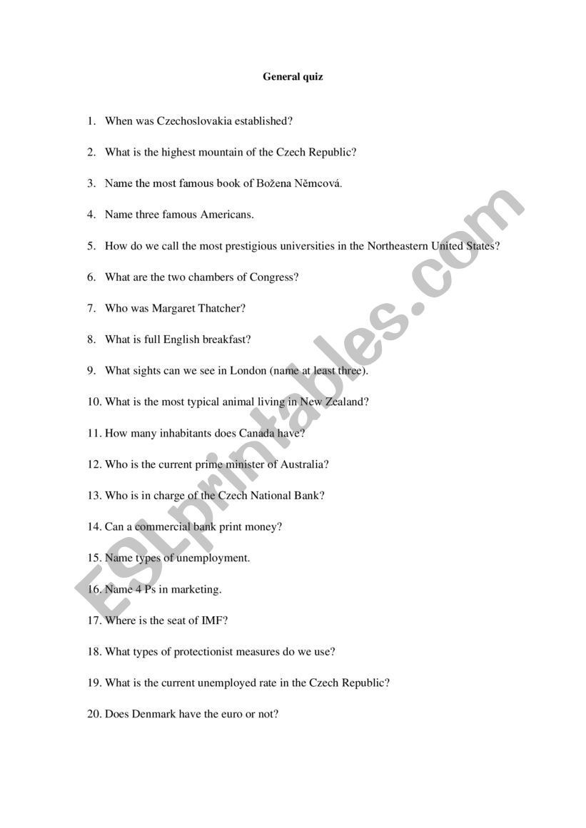 General QUIZ  worksheet