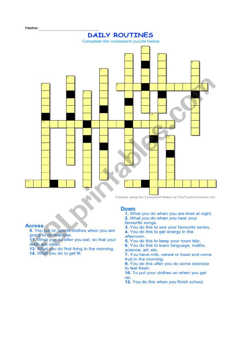 Daily Routines Crossword worksheet