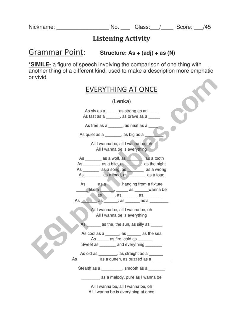 Simile (Listening Activity) worksheet