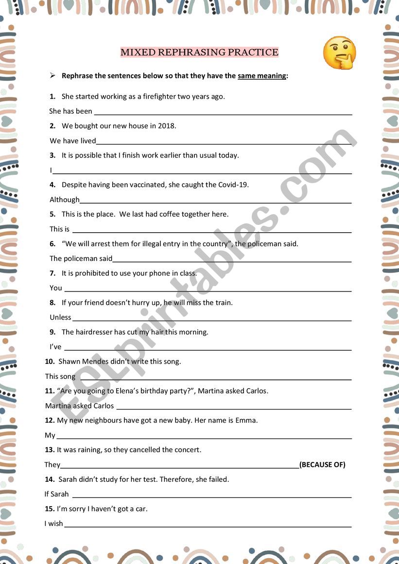 Mixed rephrasing practice worksheet