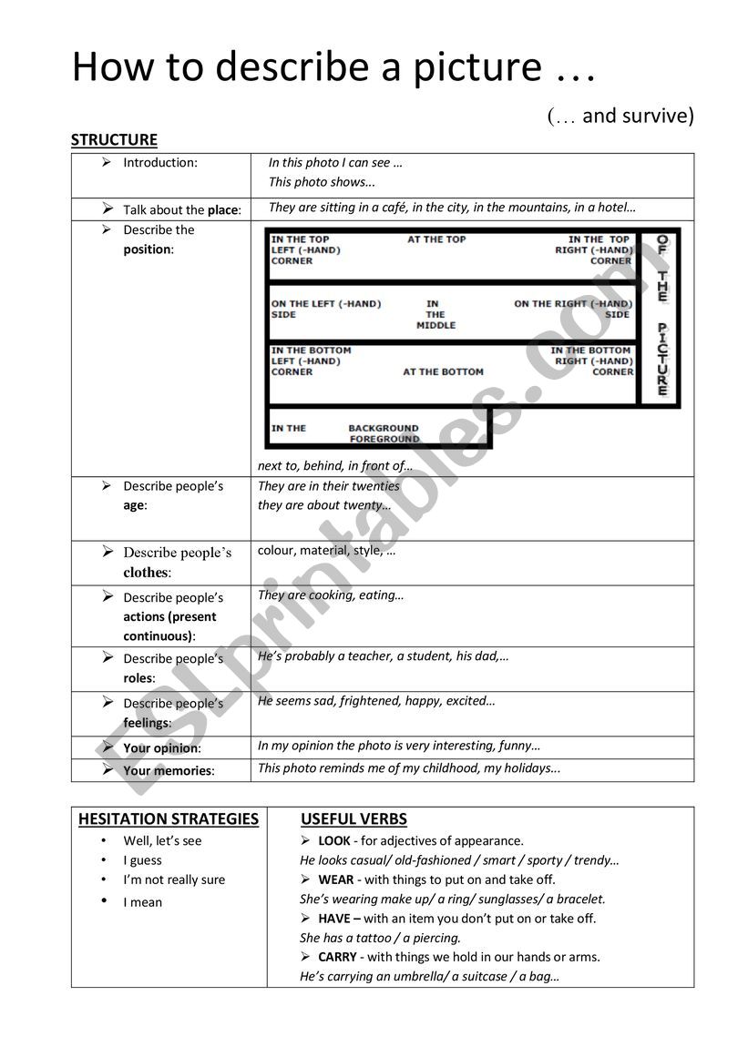 how to describe a photo worksheet