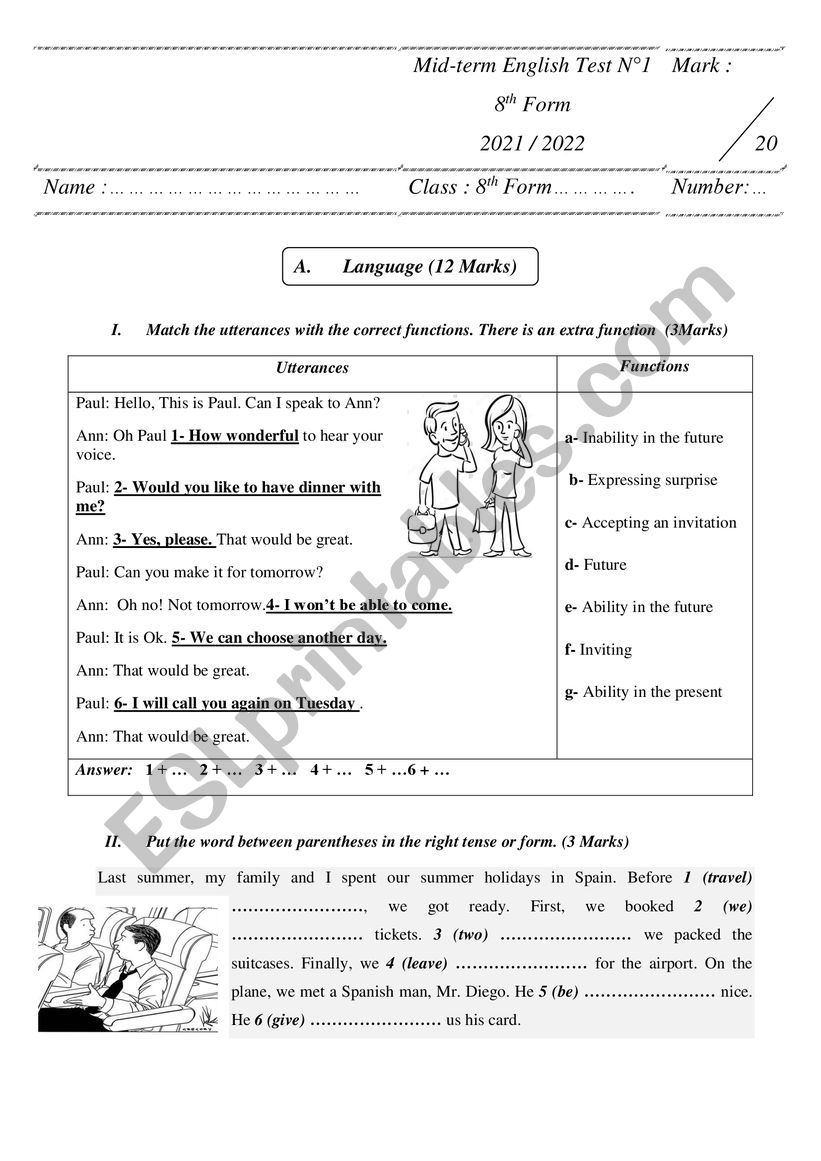 8th form 1st test worksheet