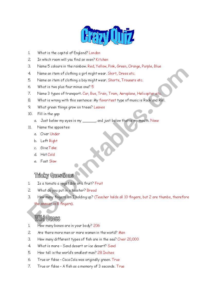 Crazy Quiz worksheet