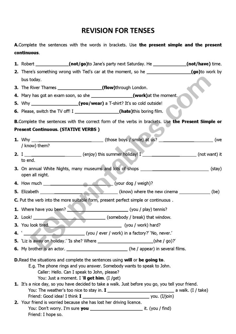 REVISION FOR TENSES worksheet