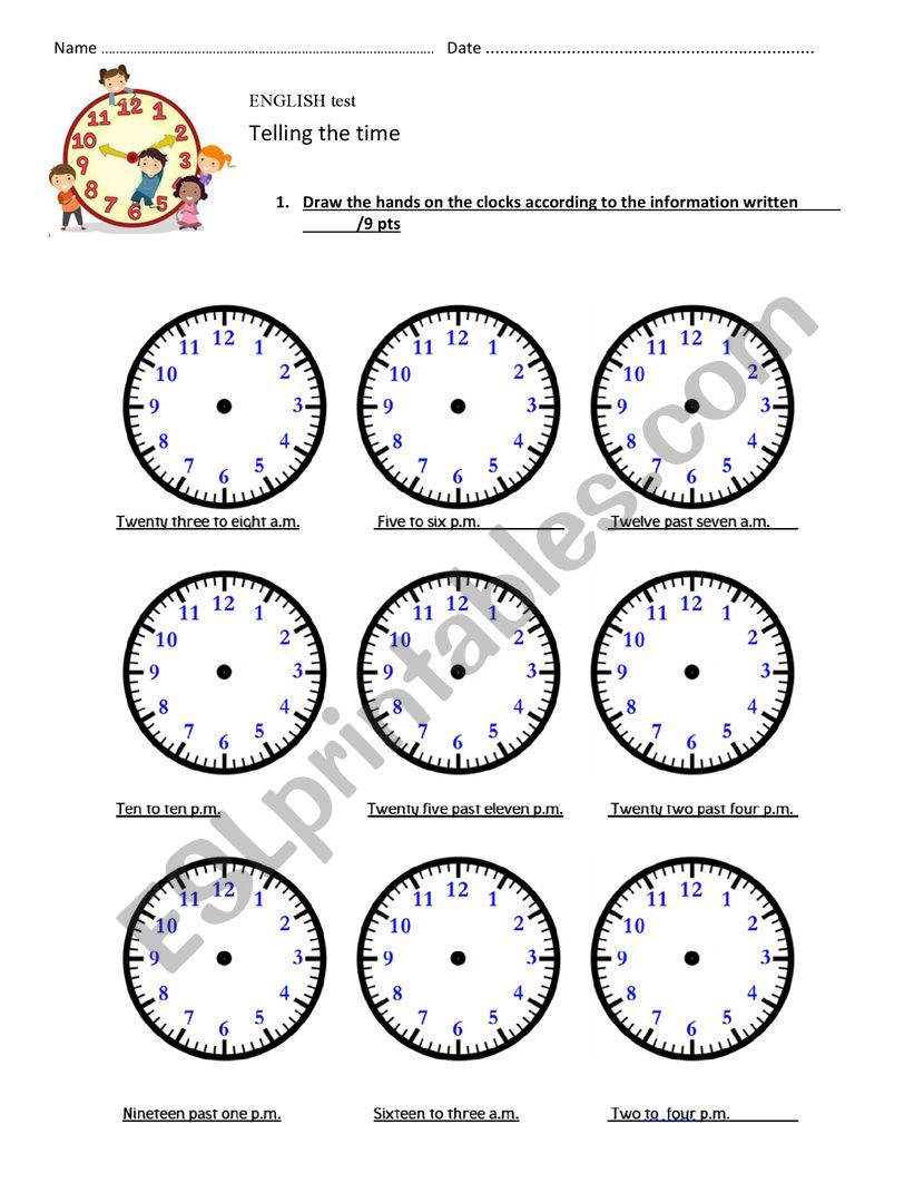 Telling the time test  worksheet
