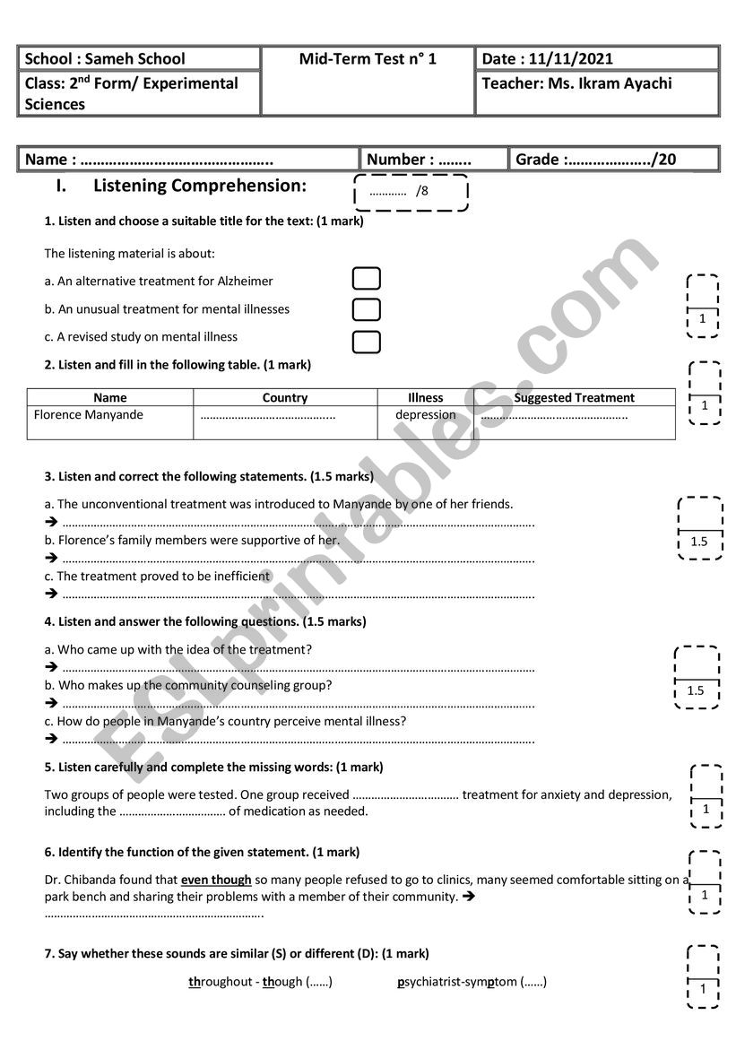 2nd Form - Experimental Sciences - Mid-Term Test n 1 