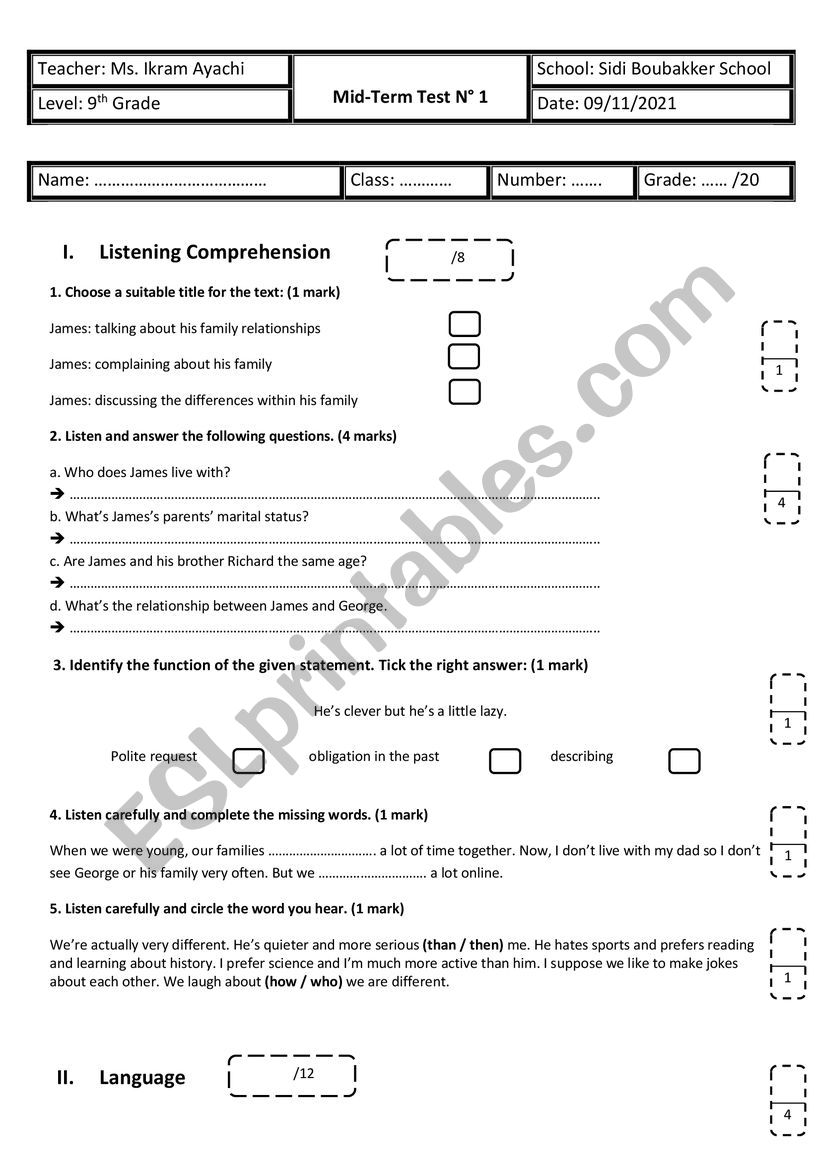 9th Grade - Mid-Term Test n° 1