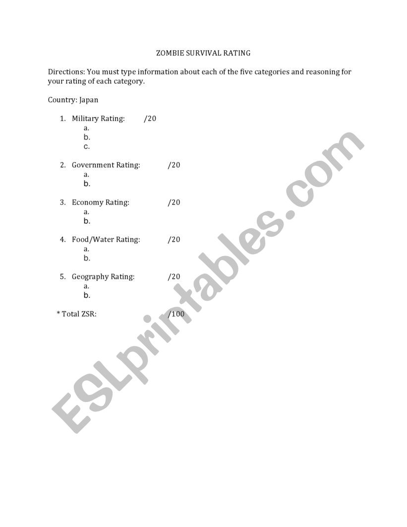 Zombie Survival Rating Worksheet