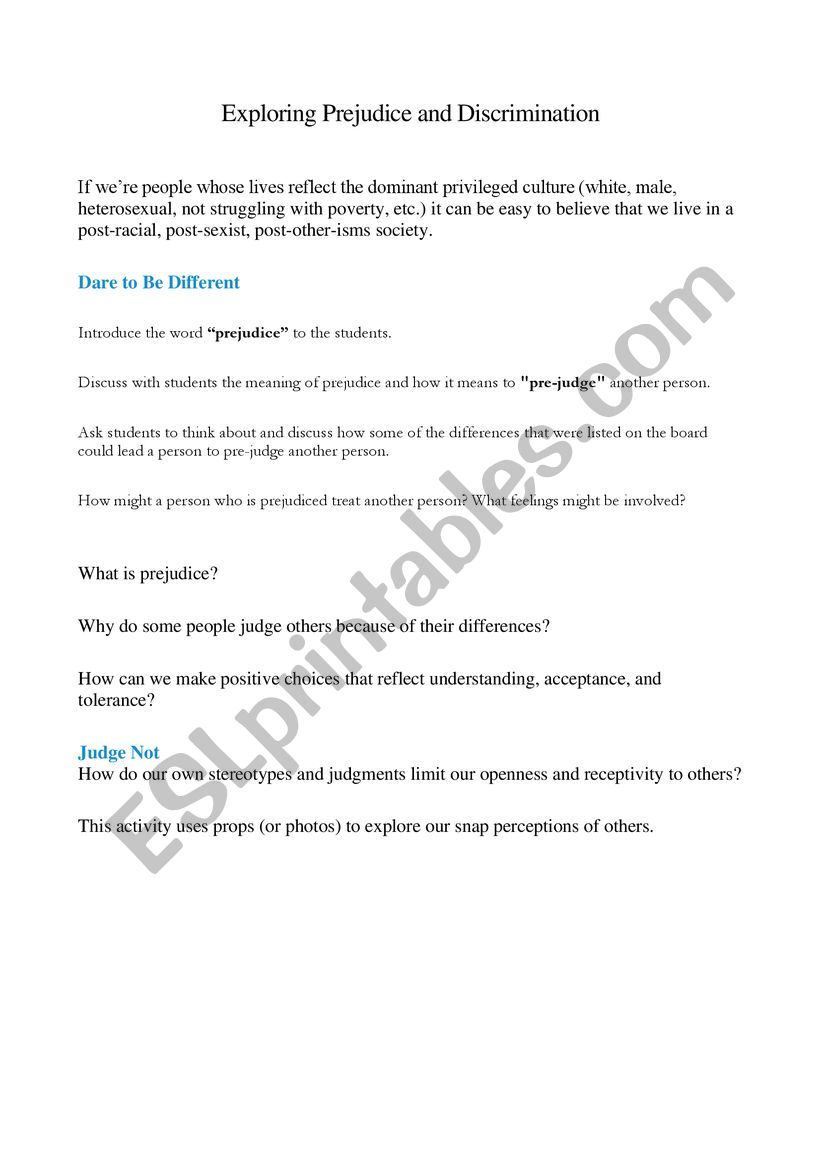 Prejudice and discrimination worksheet