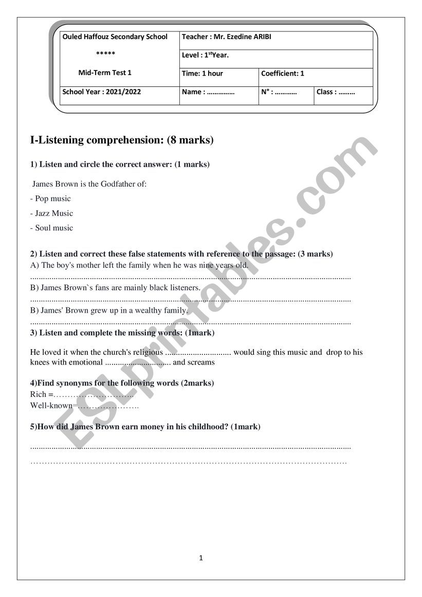 mid term test1 1st form worksheet