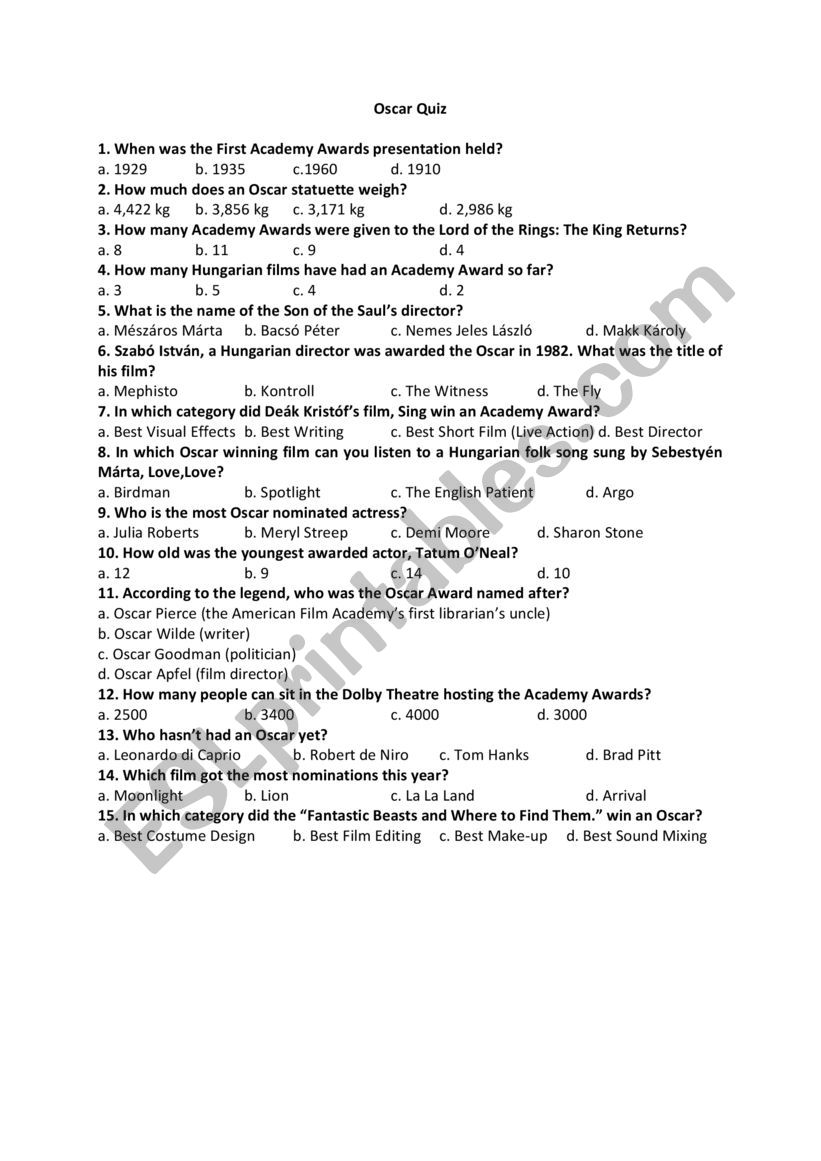 Oscar Quiz worksheet