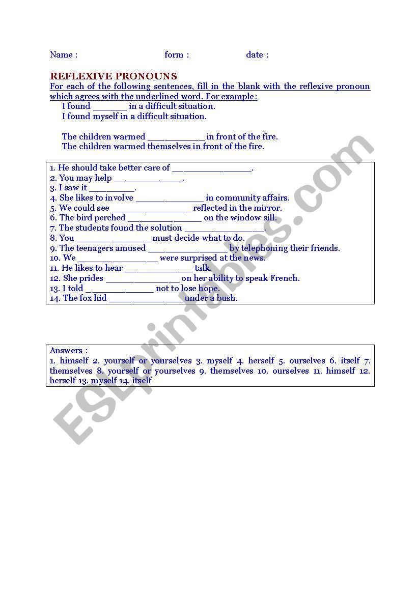 exs reflexive pronouns + key worksheet