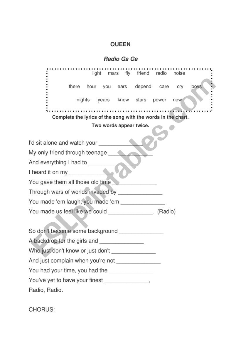 Queen - Radio Ga Ga worksheet