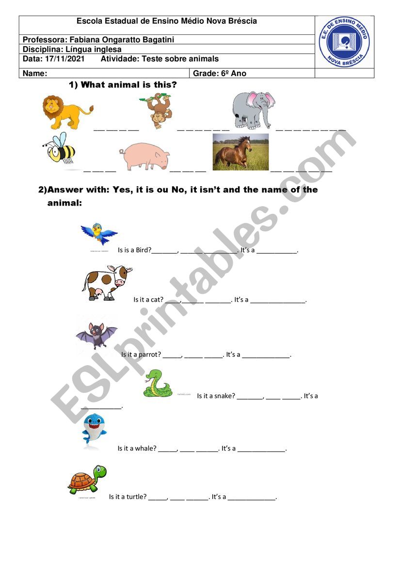 TEST ANIMALS worksheet