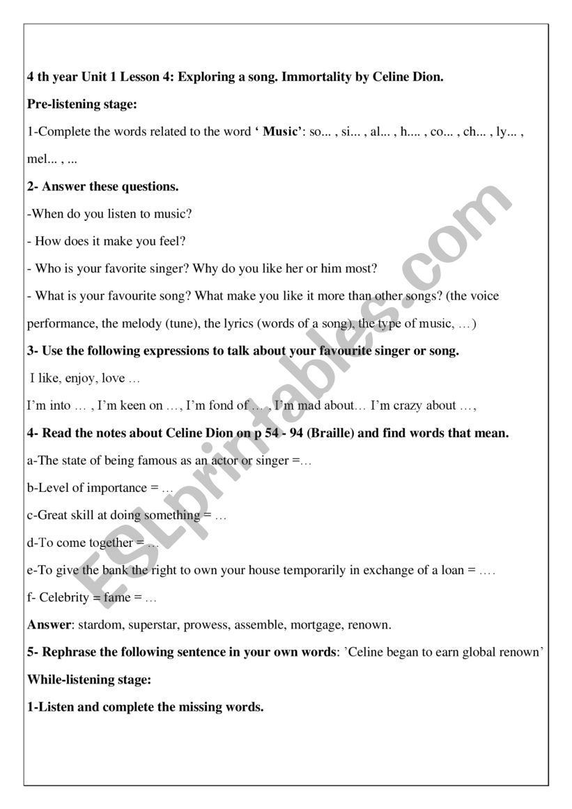 4th year Unit 1 Lesson 4  worksheet