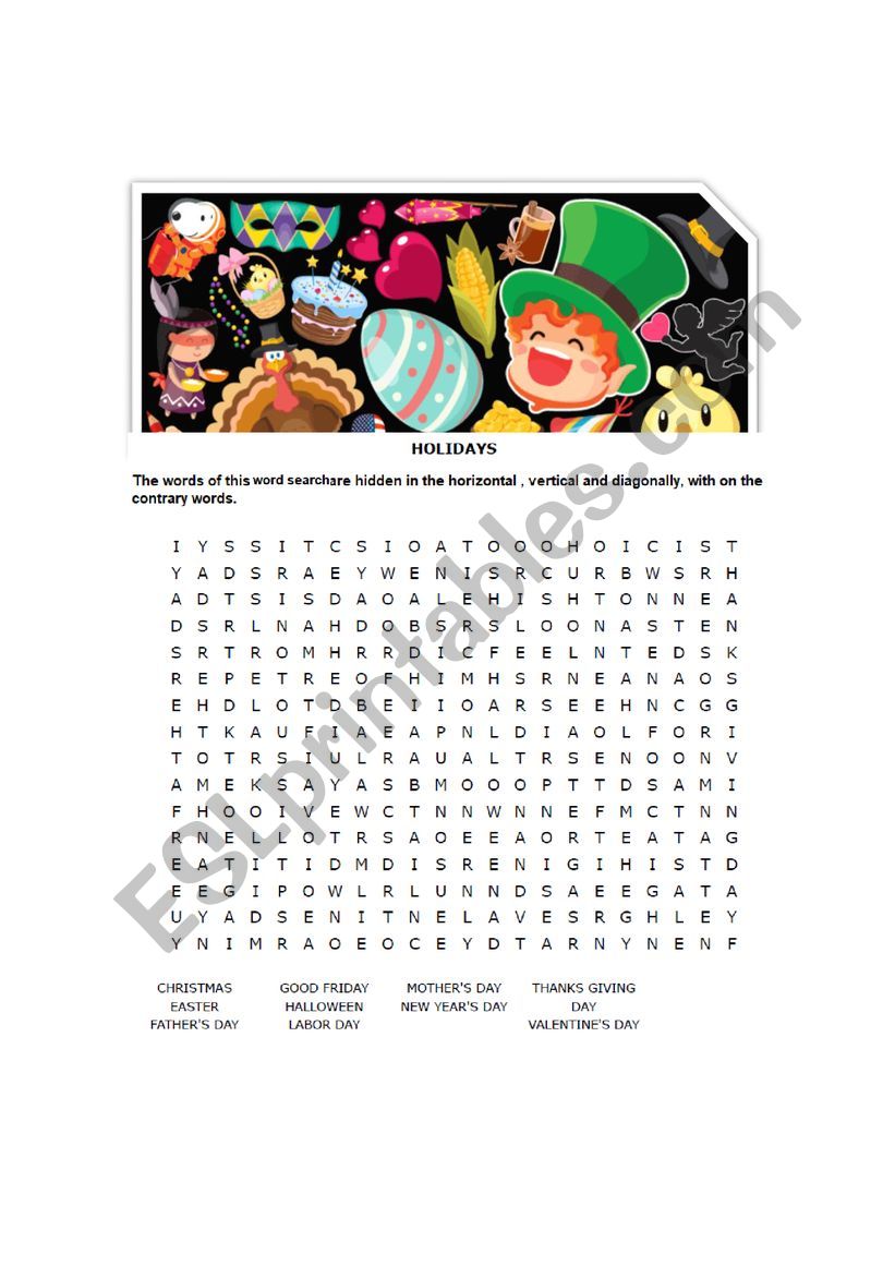 Holidays Word Search ESL Worksheet By Luiz JLLE