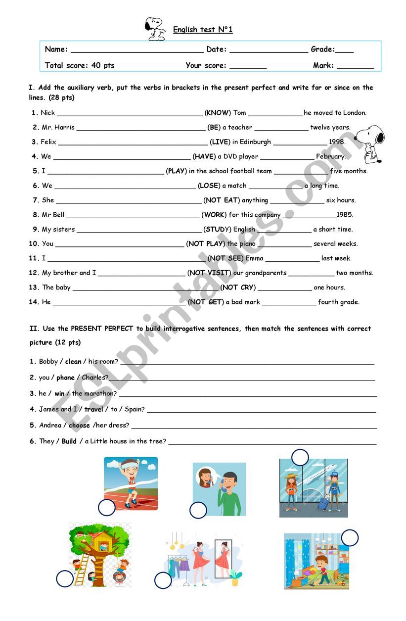 Present perfect /since - for worksheet