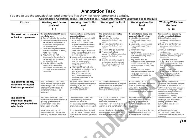 Rubric for marking Annotating Argument Assessment