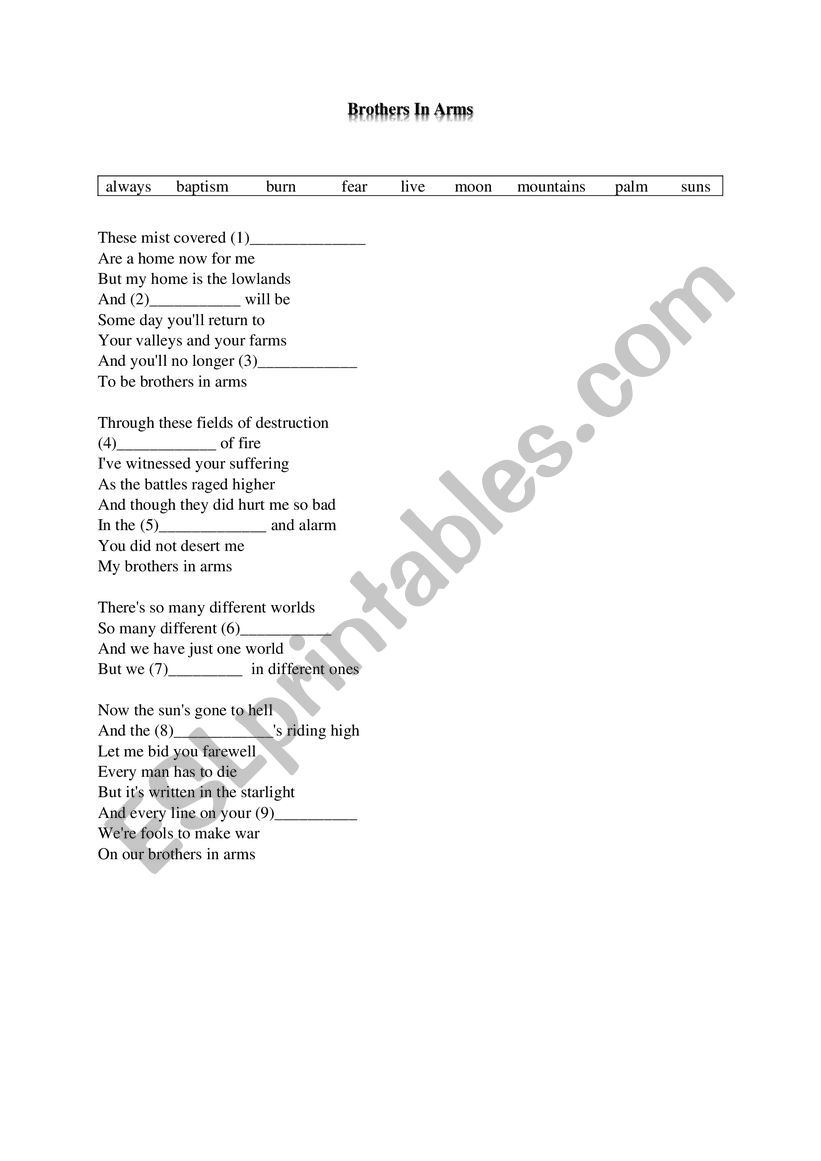 Song- Brothers in Arms worksheet