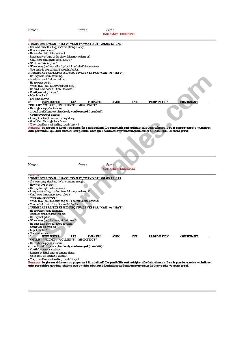 KEY to exs Can / May  advanced 