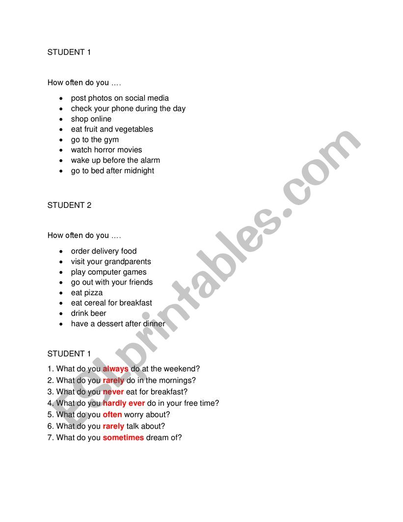 Adverbs of frequency worksheet