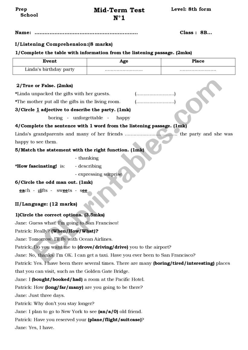 8th Mid Term Test 1 worksheet