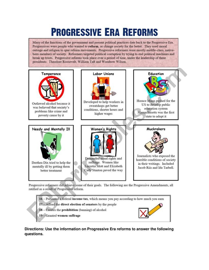 English worksheets: Progressive Era Reform Within The Progressive Era Worksheet
