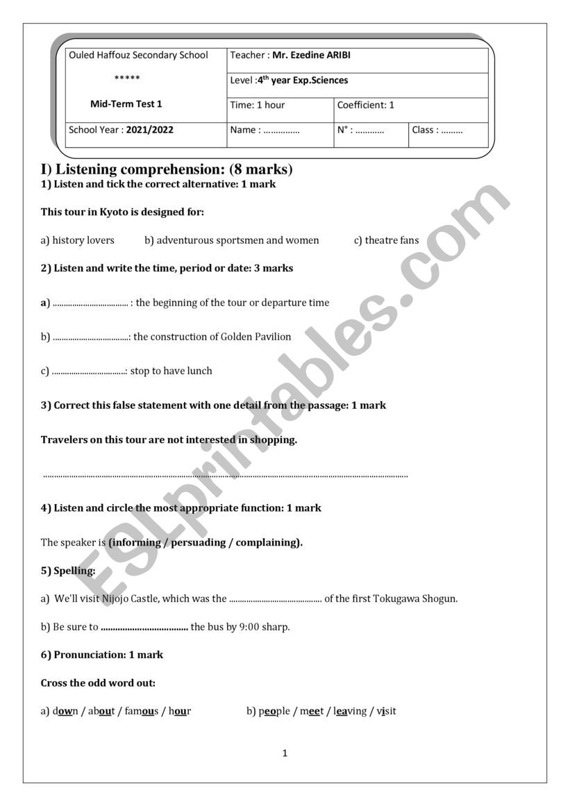 mid term test 1 bac worksheet