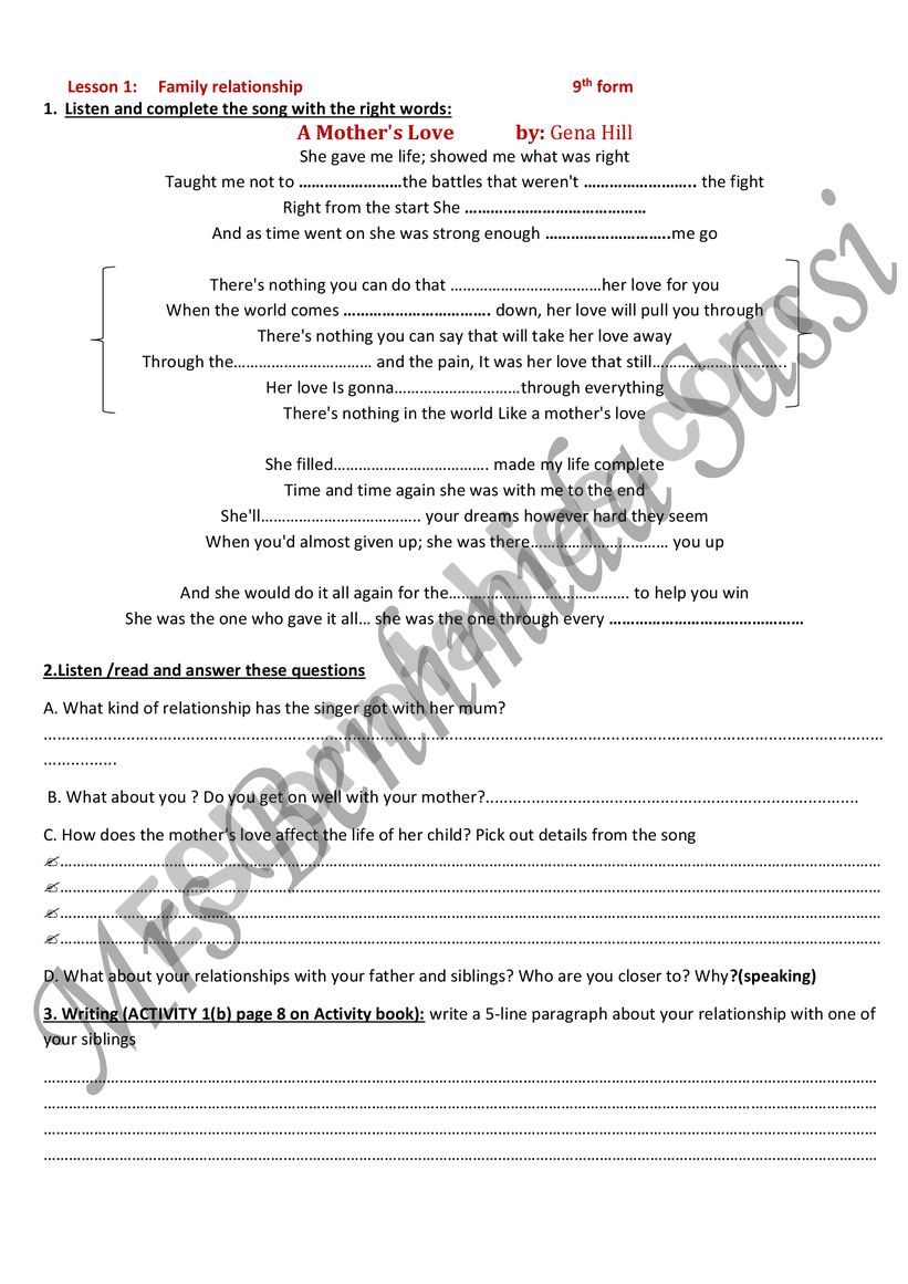 A mother�s love worksheet