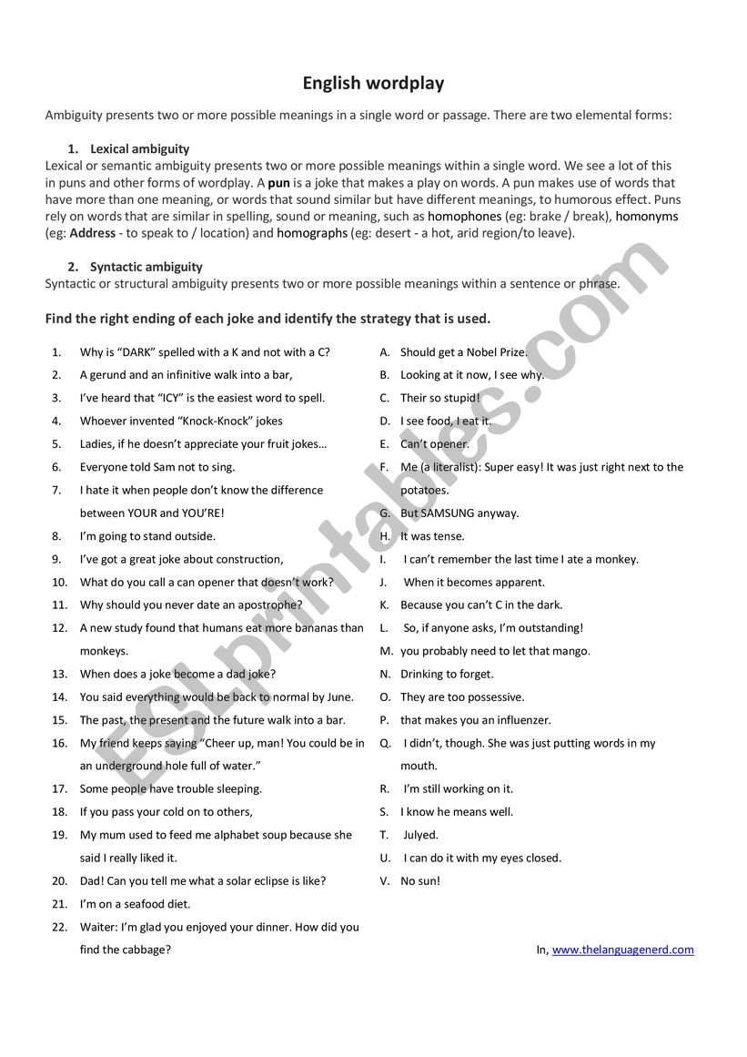 Learning with jokes worksheet