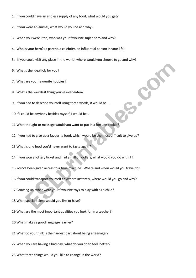 Icebreaking questions worksheet