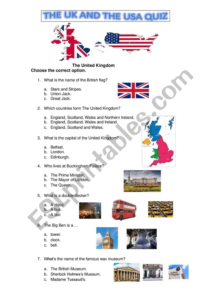 The Uk and the USA quiz worksheet