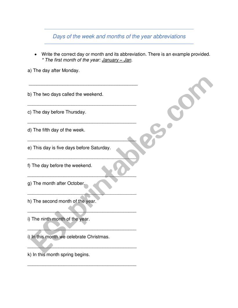 Days of the week and months of the year abbreviation activity