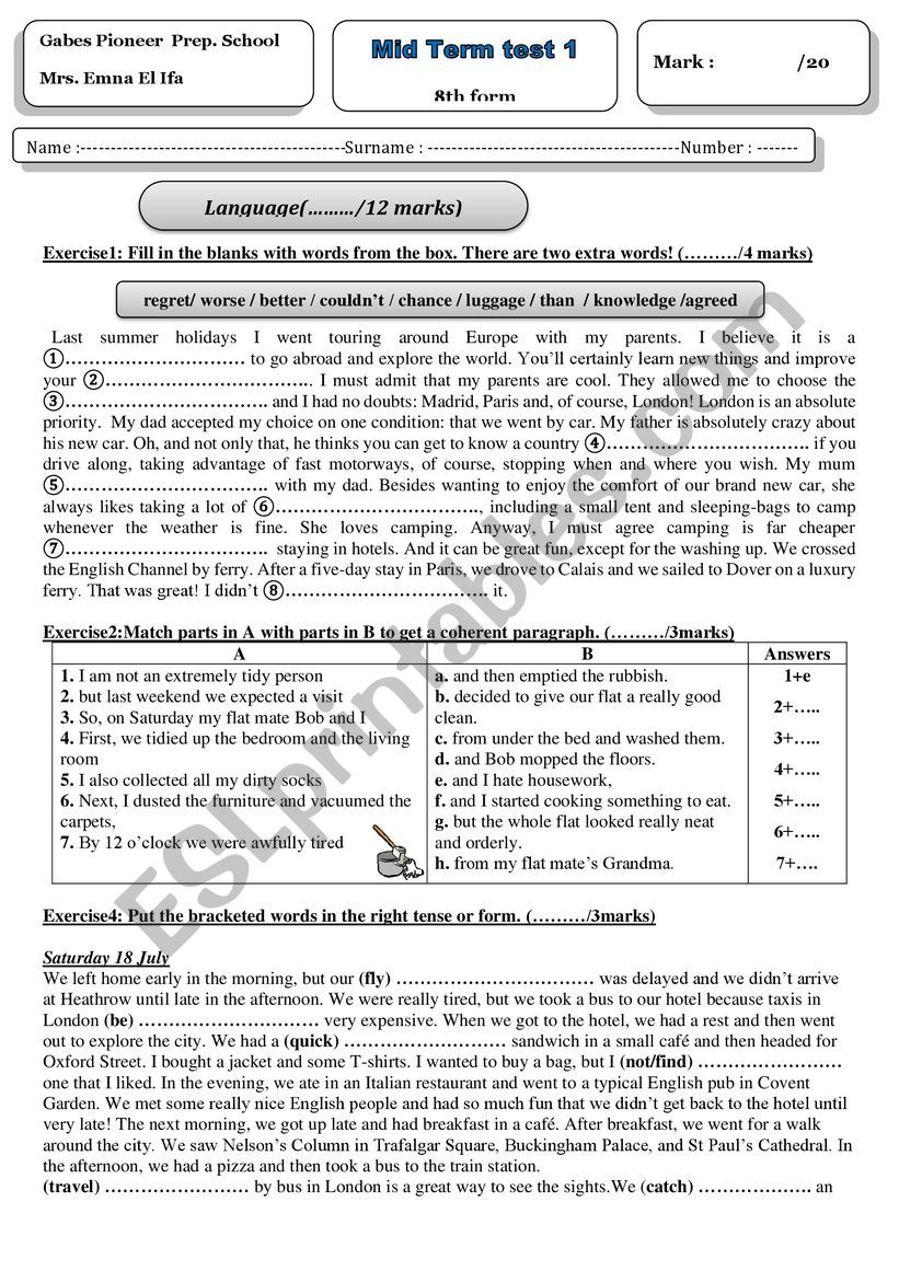 8th form Mid Term test 1 worksheet