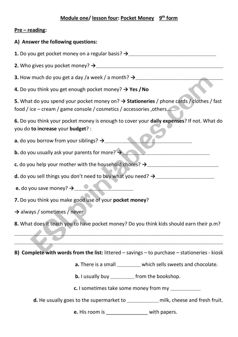 pocket money worksheet