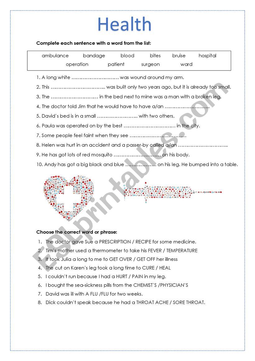 Health Vocabulary worksheet